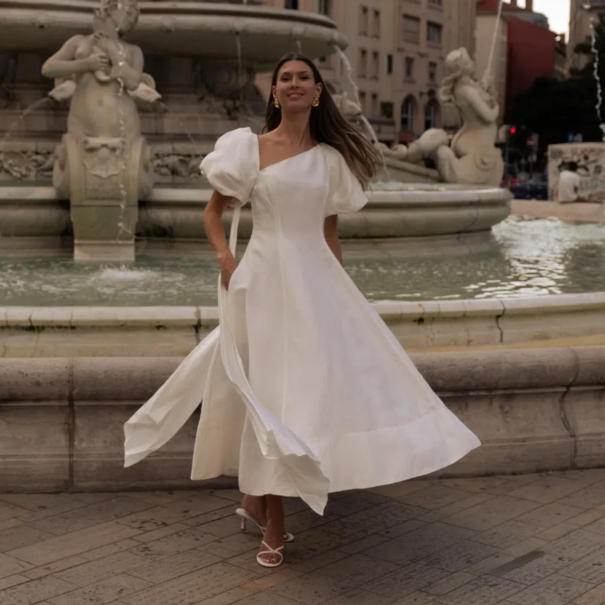 Aje Arista Asymmetrical Tulip Sleeve Midi Dress Ivory Size 8 for rent on The Volte - main image