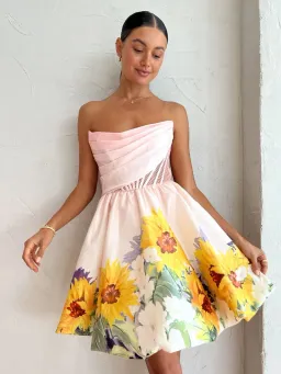 Leo Lin Katy Bustier Mini Dress Sunflower Print in Pink Size 8 for rent on The Volte - image 2