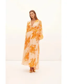 Kate Ford Hester Ruched Gown Orange Print Size AU 12 for rent on The Volte - image 1