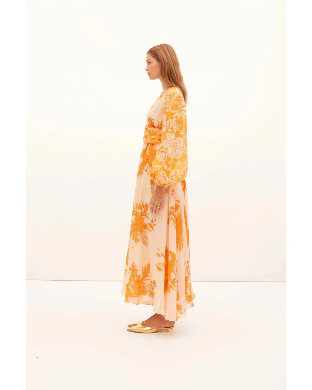Kate Ford Hester Ruched Gown Orange Print Size AU 12 for rent on The Volte - main image