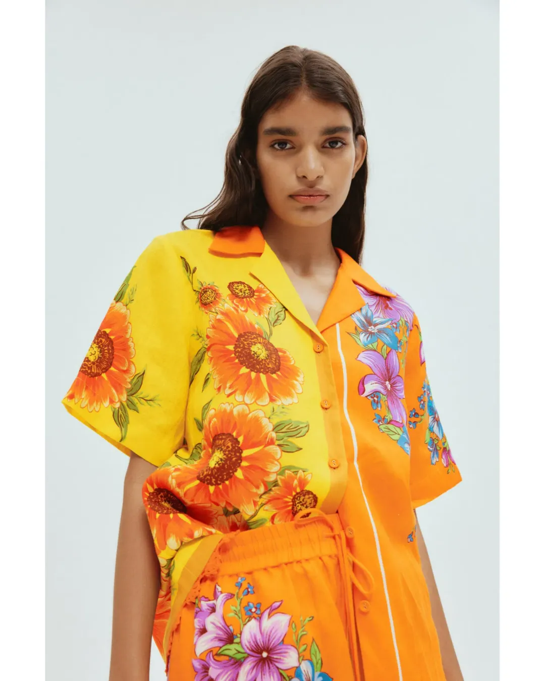 Alemais Jude Oversized Linen Shirt and Short Set Orange Floral Size AU 14 for rent on The Volte - main image