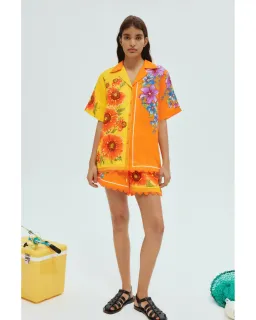 Alemais Jude Oversized Linen Shirt and Short Set Orange Floral Size AU 14 for rent on The Volte - image 1