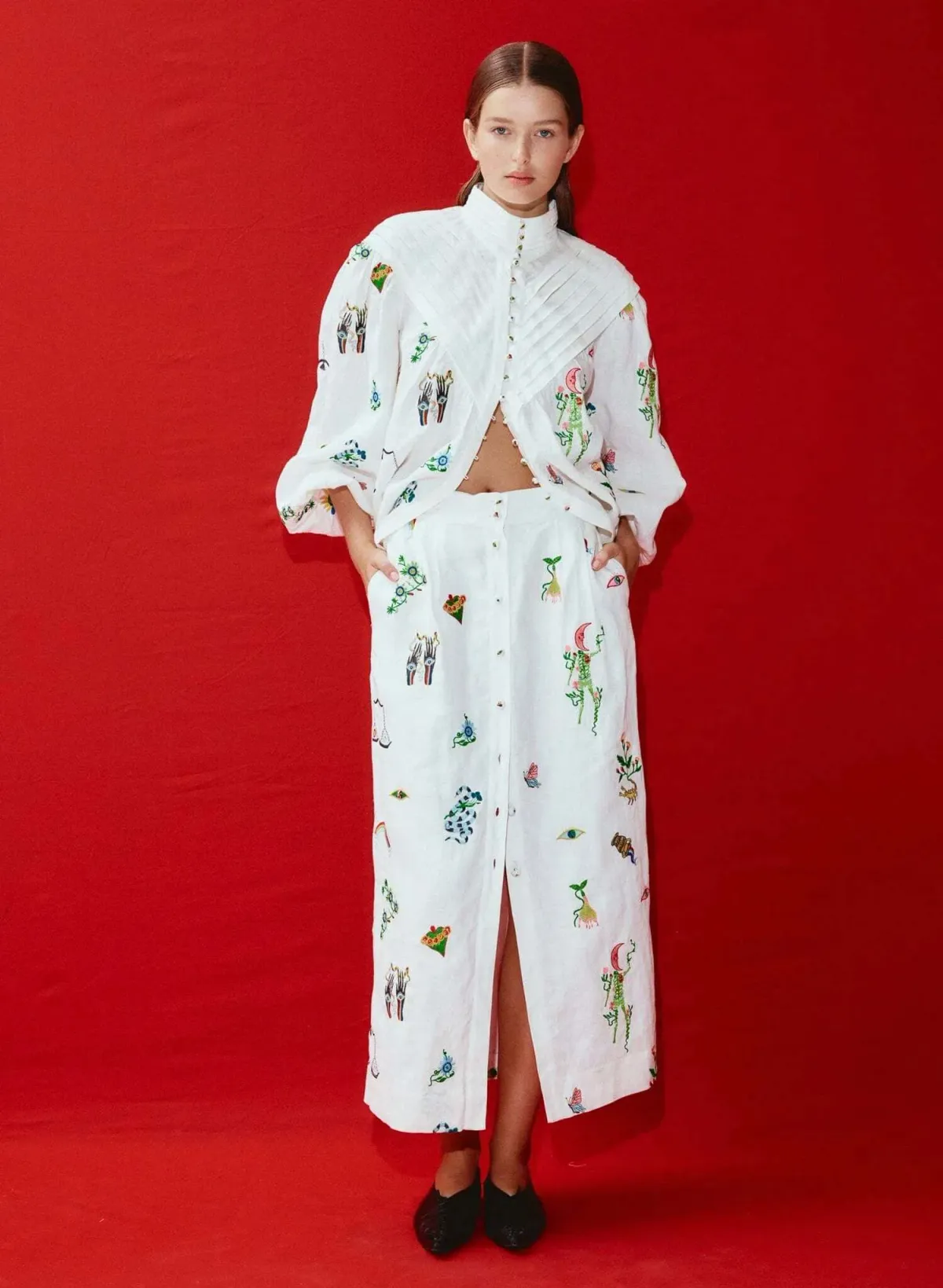 Alemais Atticus Embroidered Shirt and Skirt Set Cream Multi Size 12 - Image 4