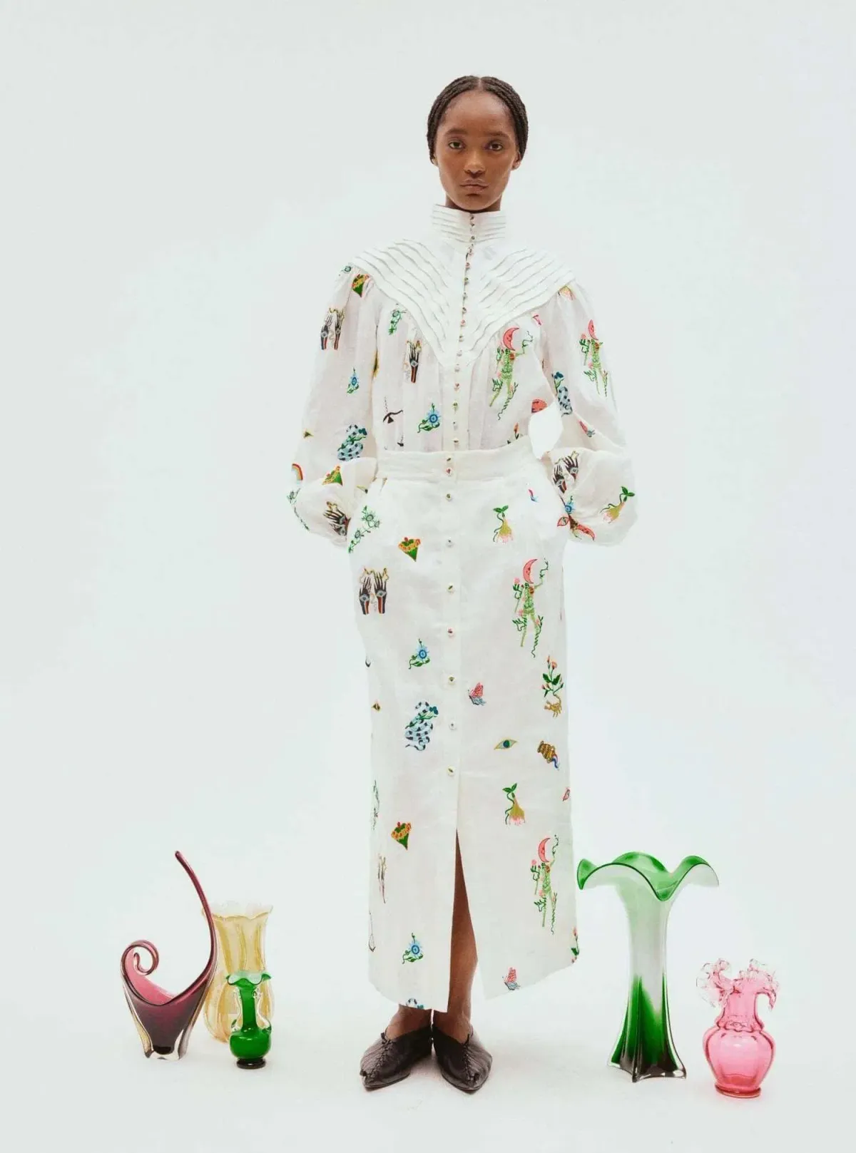 Alemais Atticus Embroidered Shirt and Skirt Set Cream Multi Size 12 for rent on The Volte - main image