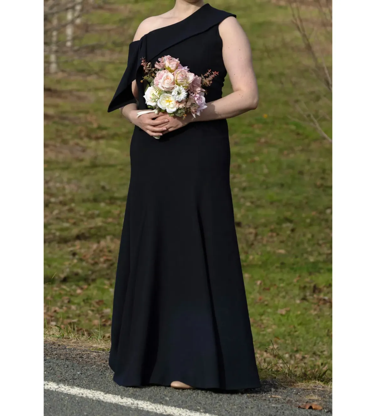 Carla Zampatti Ink Crepe Fascia Asymmetrical Gown Navy Size 12 - Image 3