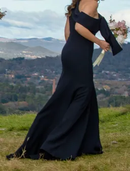 Carla Zampatti Crepe Fascia Asymmetrical Floor Length Gown Navy Size 8 for rent on The Volte - image 3
