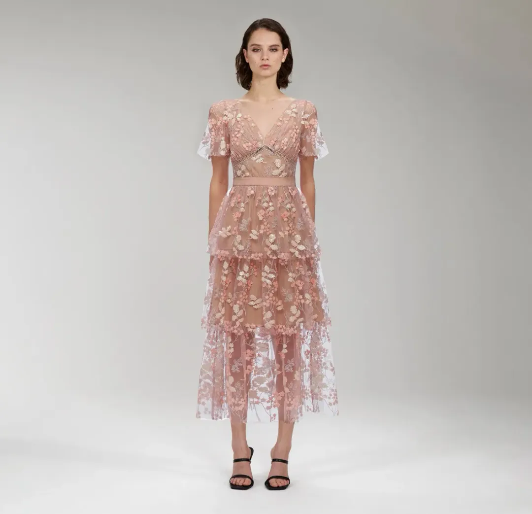 Self Portrait Flower Mesh Tiered Midi Dress Pink Size 12 for rent on The Volte - main image