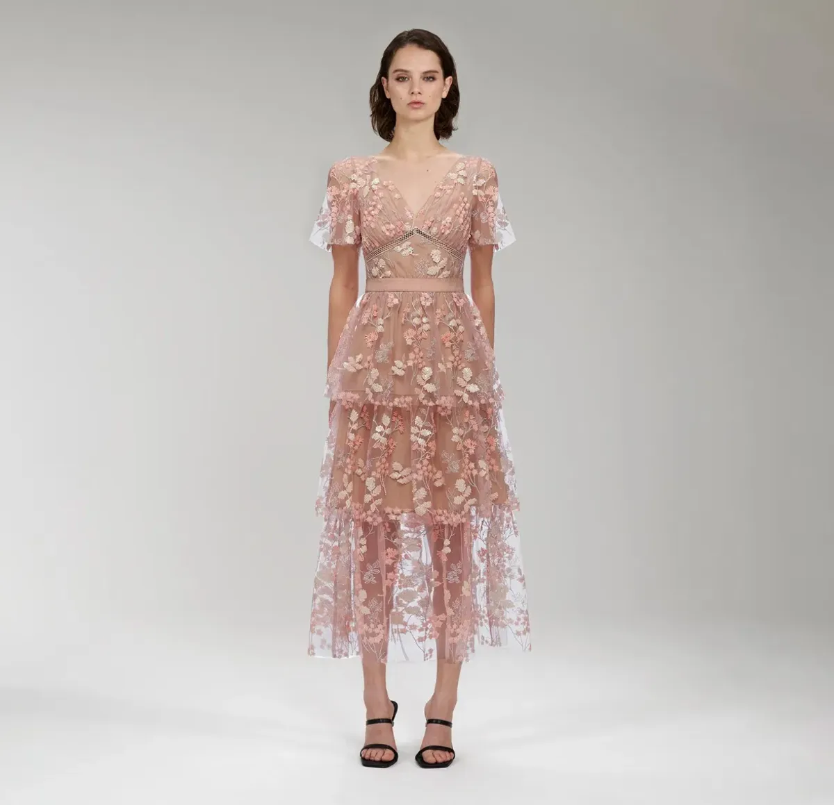 Self Portrait Flower Mesh Tiered Midi Dress Pink Size 12 for rent on The Volte - main image