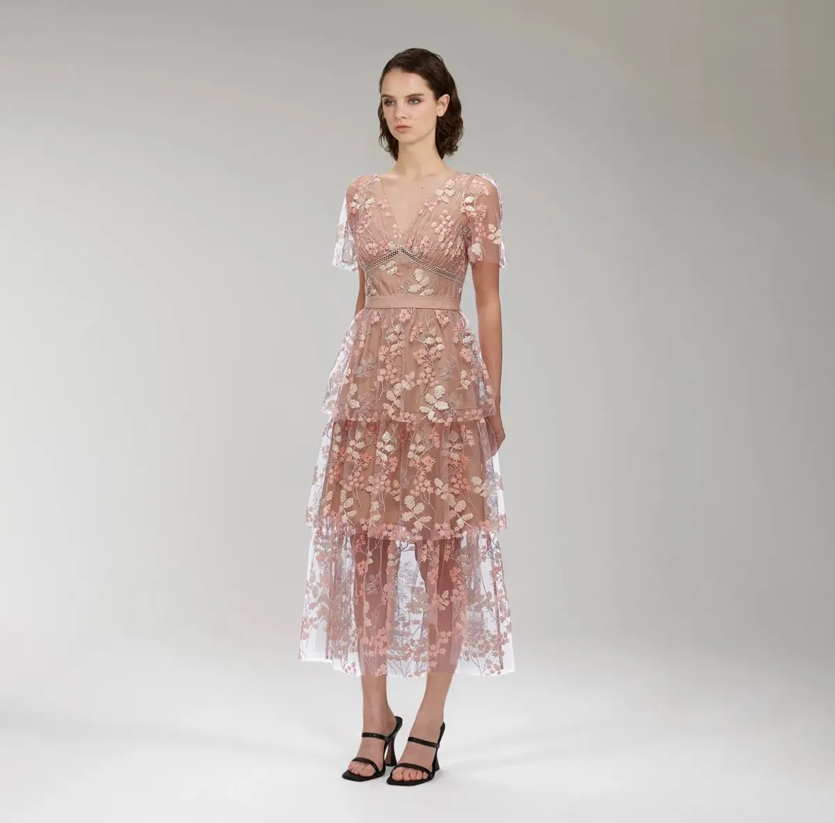 Self Portrait Flower Mesh Tiered Midi Dress Pink Size 12 - Image 2