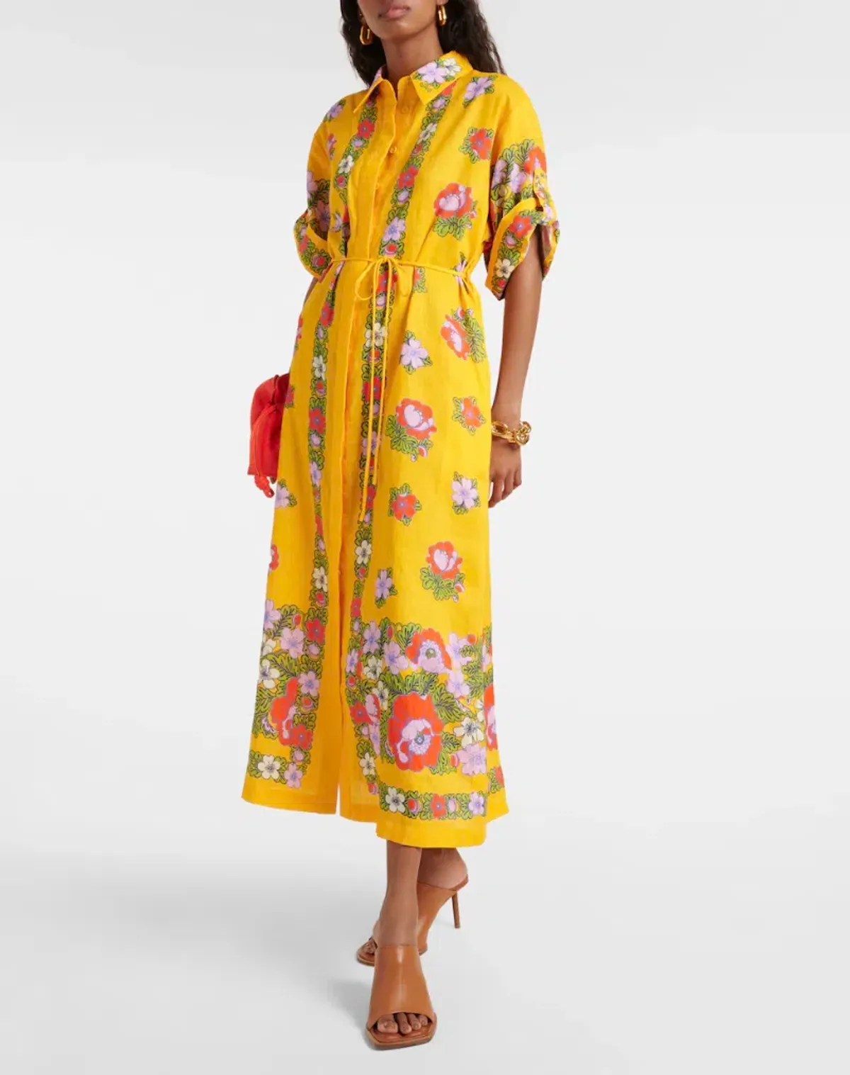 Alemais Belted Floral Linen Shirt Dress Yellow Size 12 for rent on The Volte - main image