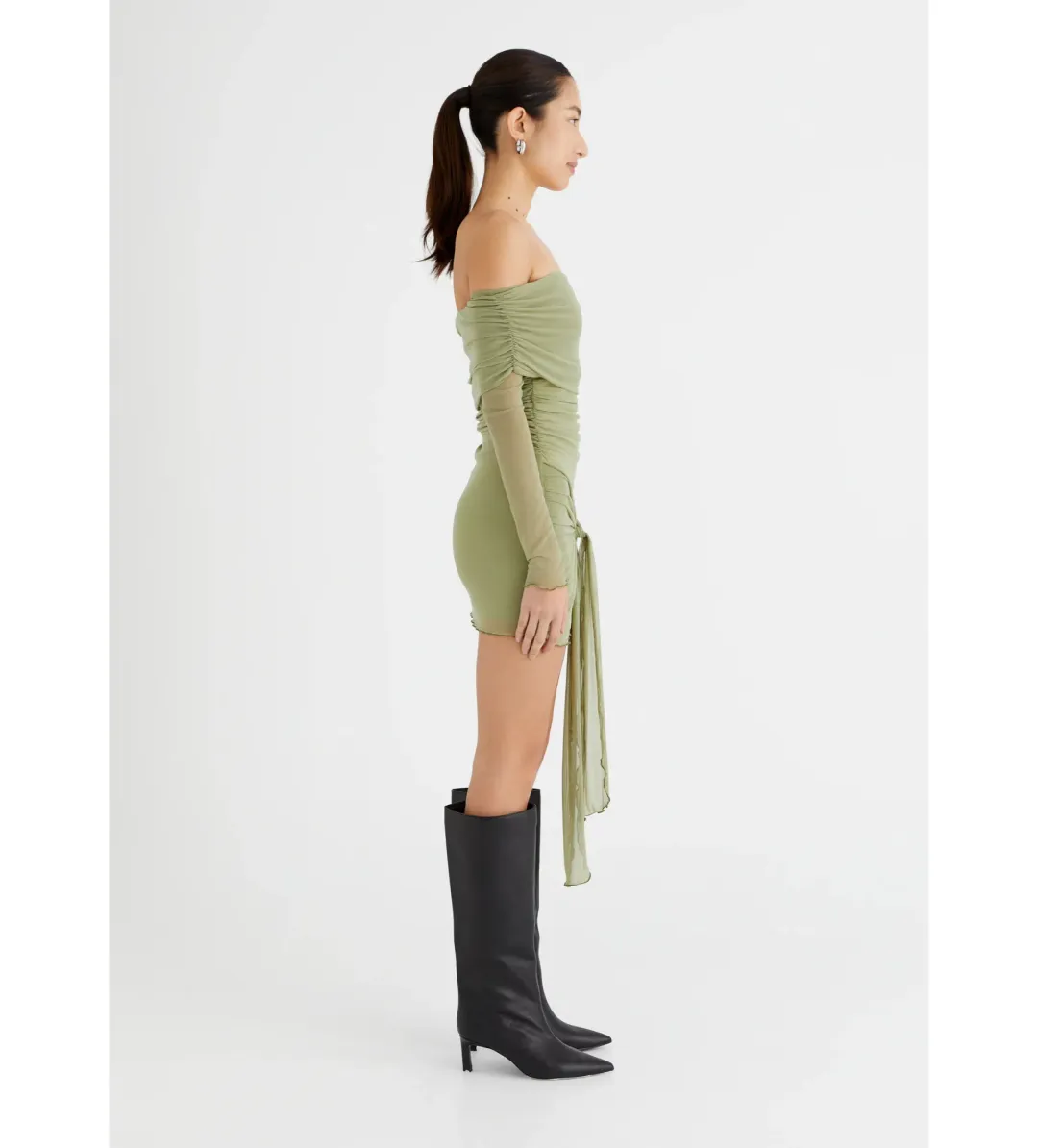 BENNI Yasmin Off Shoulder Mini Dress in Pistachio Size XS/AU 6 for rent on The Volte - main image