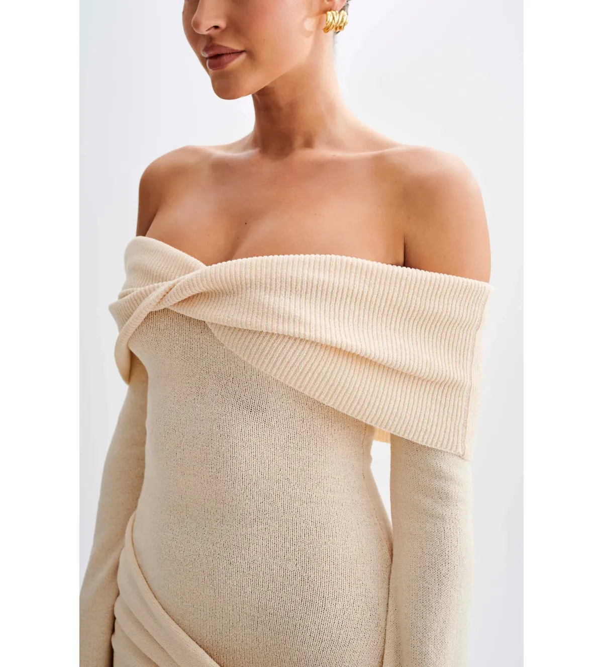 MESHKI Camryn Off Shoulder Tie Knit Mini Dress in Cream Marle Size S/AU 8 - Image 5