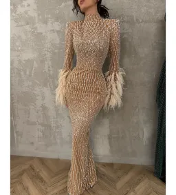 Vildane Kamerolli Elegant Feather Golden Maxi Dress Size AU 8 for rent on The Volte - image 1