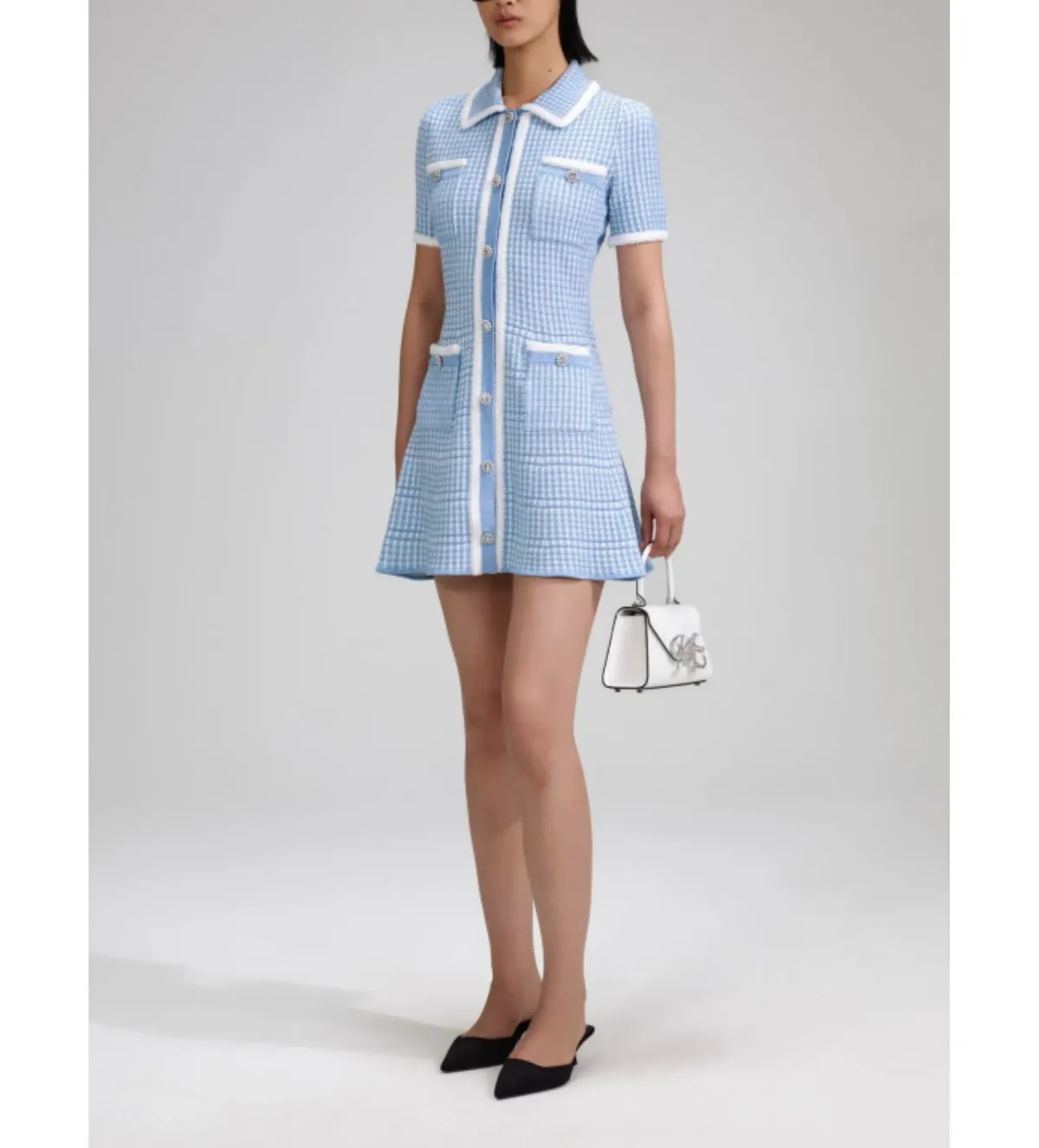 Self Portrait Blue Lurex Knitted Mini Dress Size M/AU 8 - Image 2