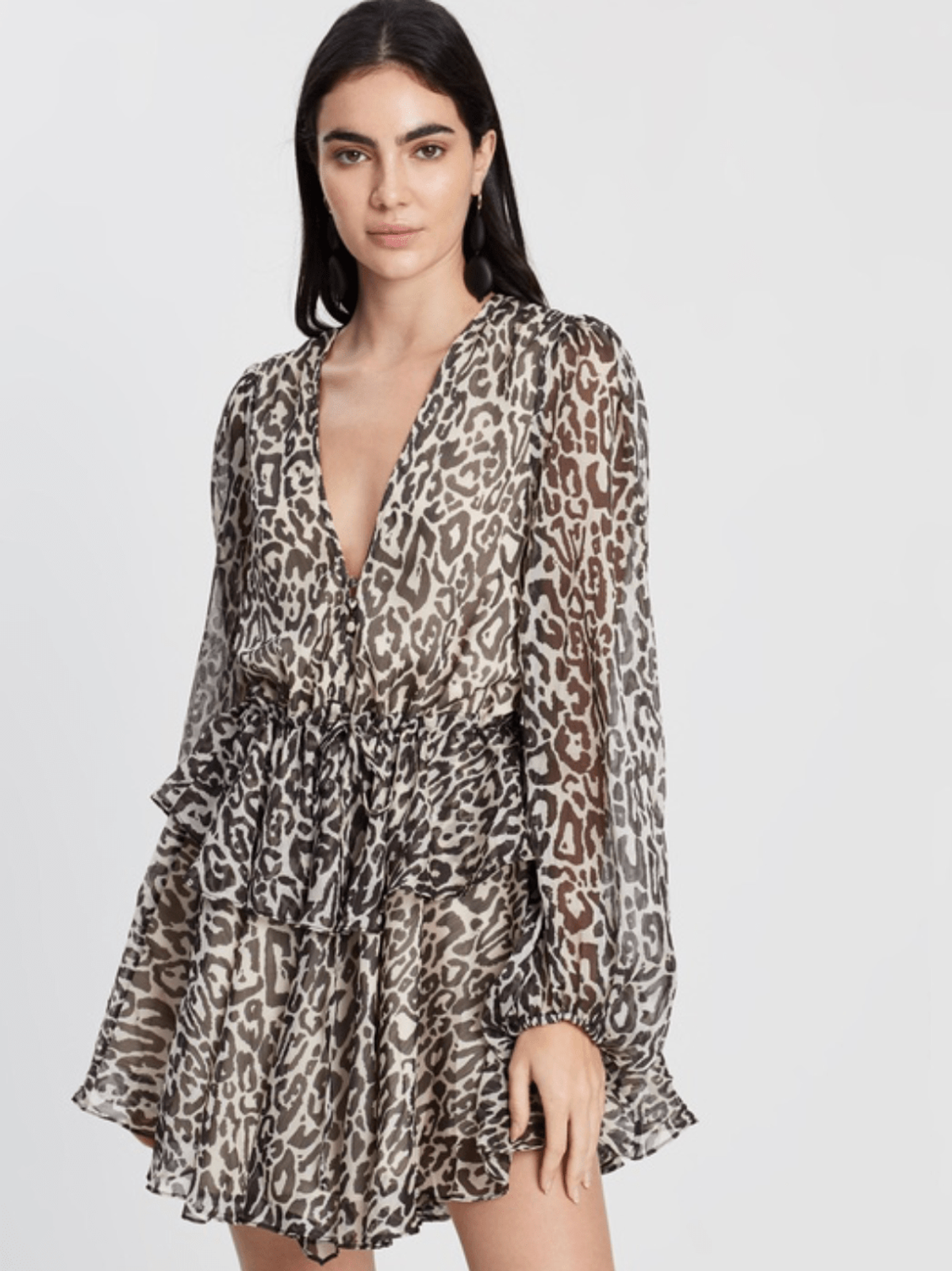 Shona Joy Mariposa drawstring mini dress leopard print size 12 for rent on The Volte - main image