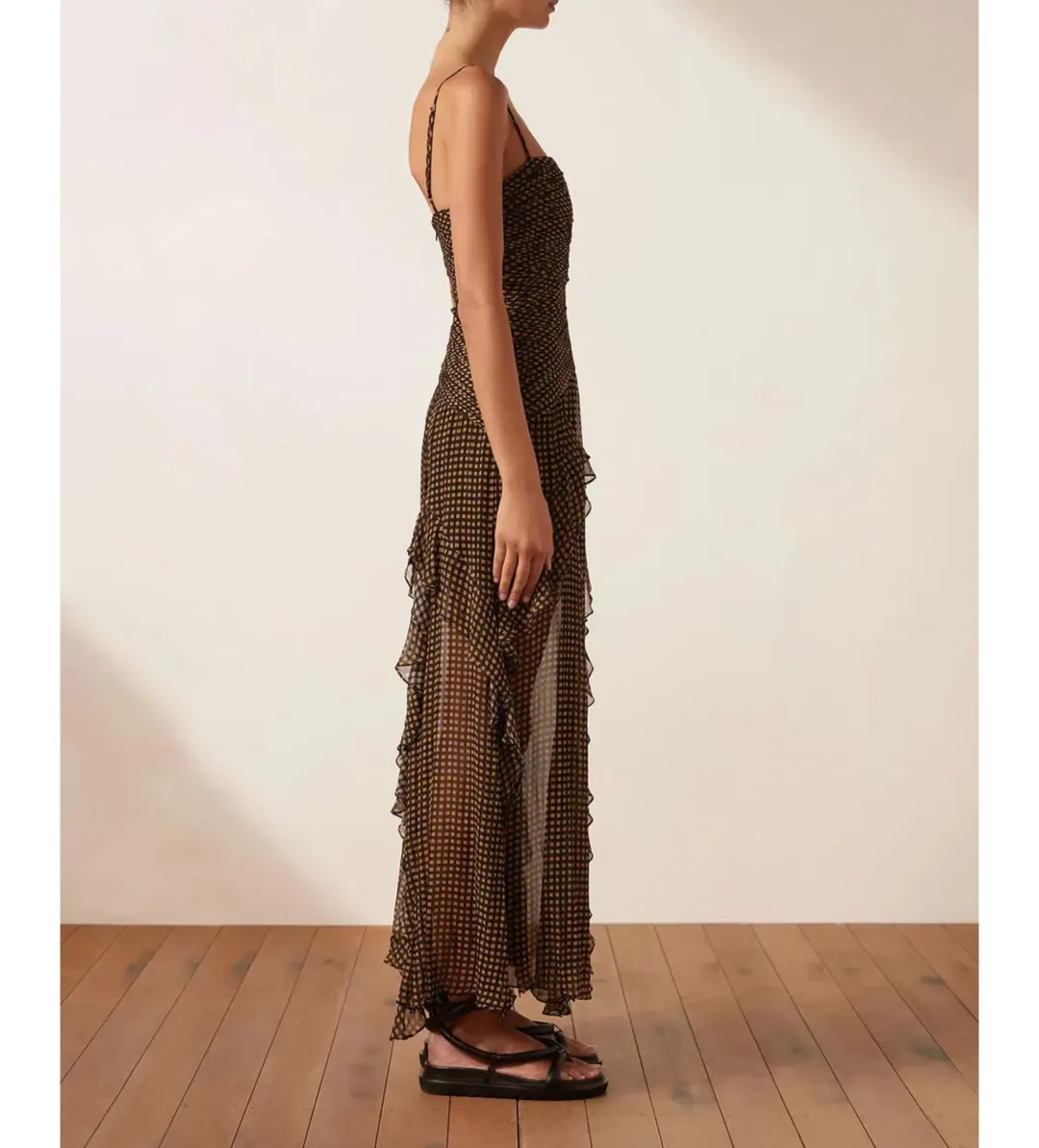 Shona Joy Sofia Ruched Frill Maxi Dress Brown Size AU 10 for rent on The Volte - main image
