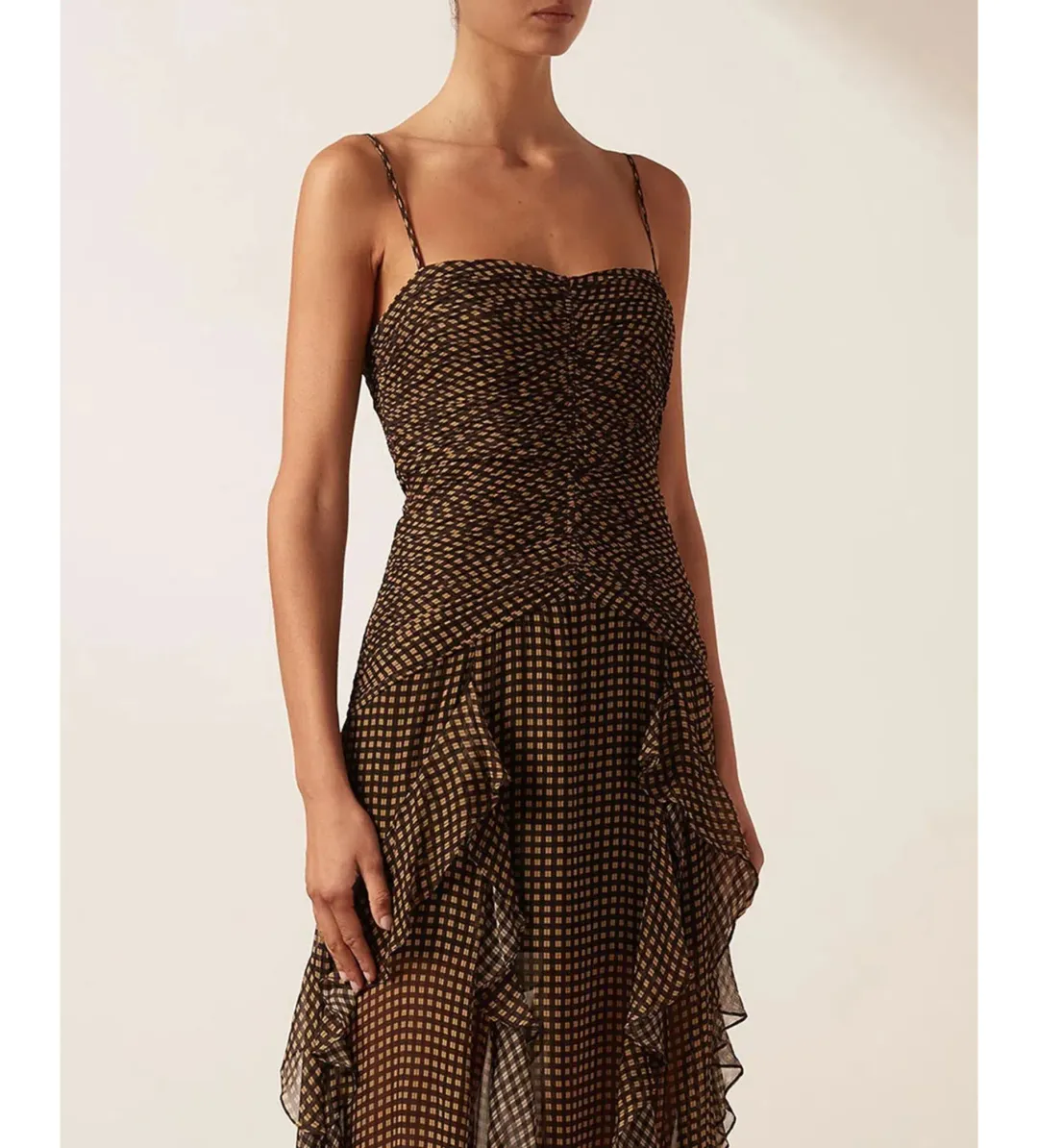 Shona Joy Sofia Ruched Frill Maxi Dress Brown Size AU 10 for rent on The Volte - main image
