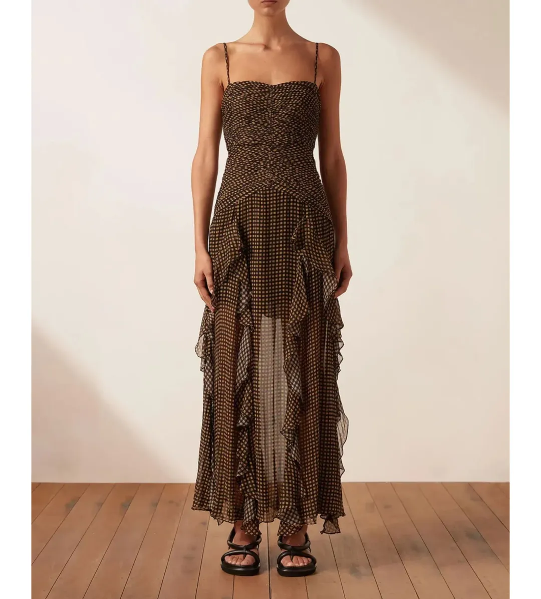 Shona Joy Sofia Ruched Frill Maxi Dress Brown Size AU 10 for rent on The Volte - main image