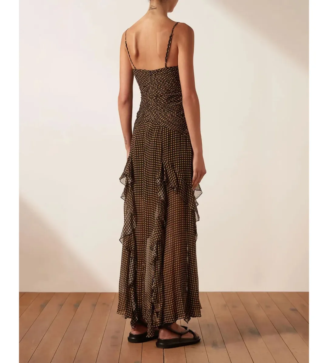 Shona Joy Sofia Ruched Frill Maxi Dress Brown Size AU 10 for rent on The Volte - main image