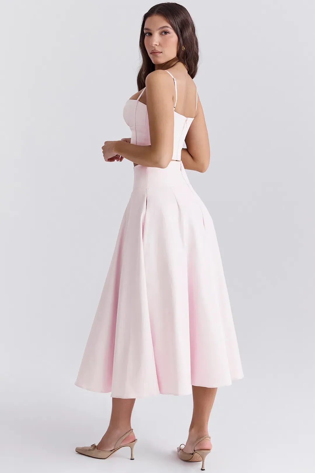 House of CB Pabla Cropped Bralette Top & Rita A-Line Midi Skirt Set Ballerina Pink Size XS / AU 6 for rent on The Volte - main image