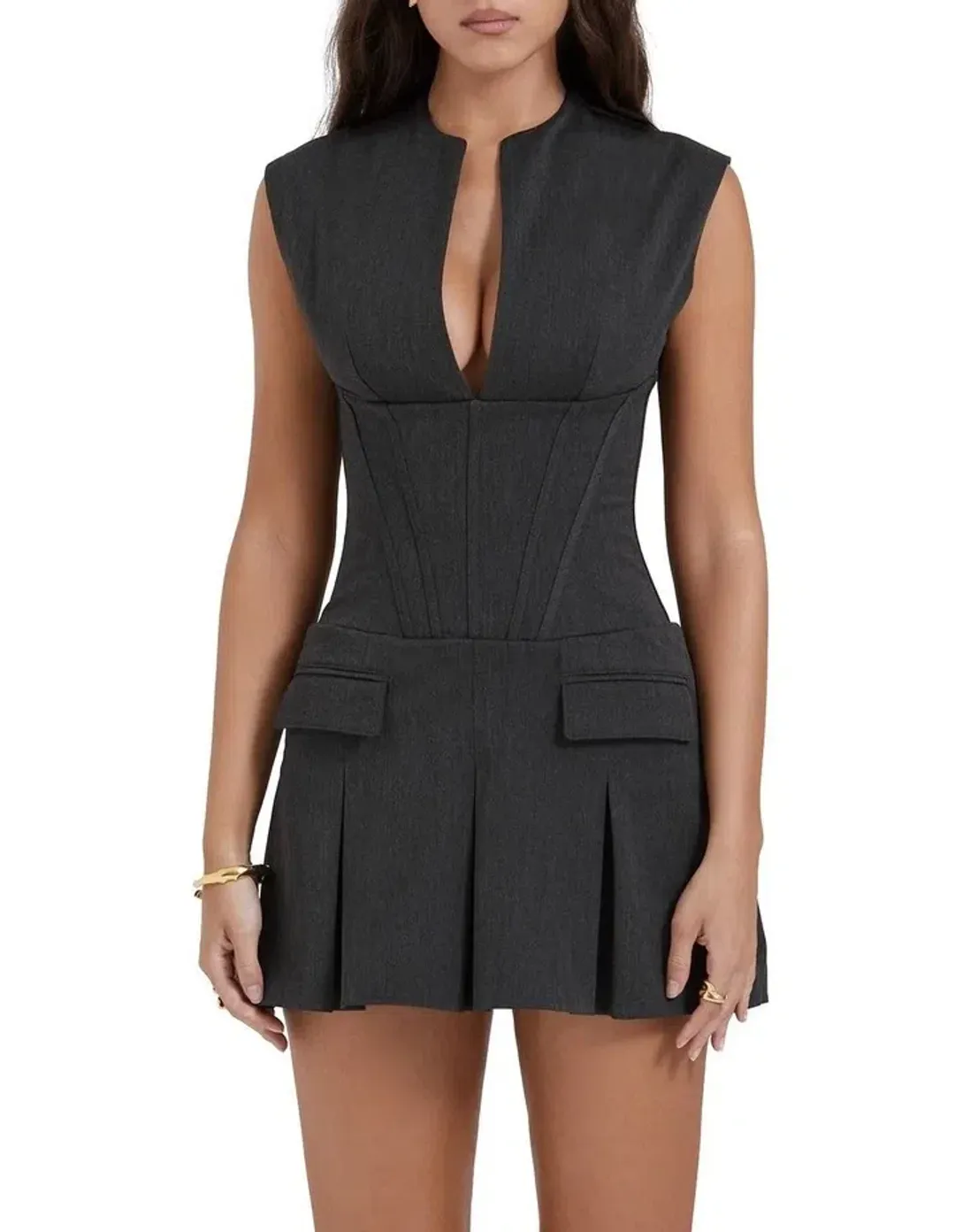 House of CB Eleanor Pleated Corset Mini Dress in Charcoal Size 6 for rent on The Volte - main image