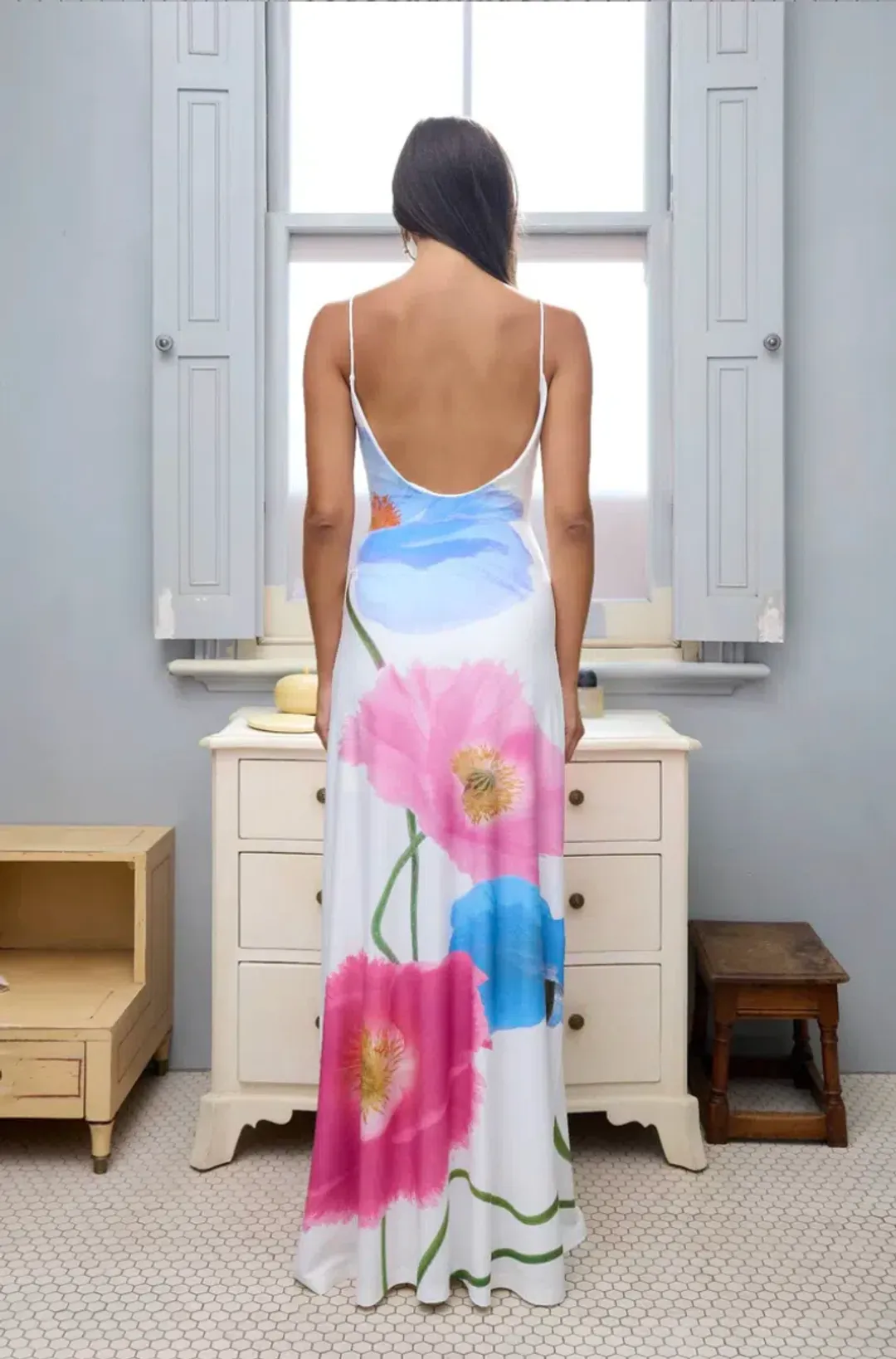 With Harper Lu Low Back Maxi Dress - Azure Poppy for rent on The Volte - main image
