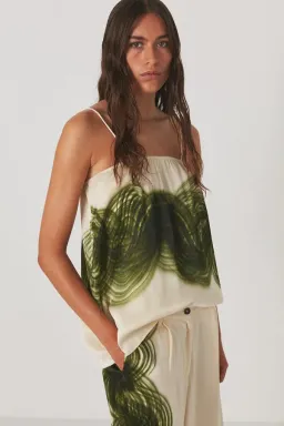 Rabens Saloner Magny Swirl String Elastic Cami Top Olive Chalk Combo Size AU 10 for rent on The Volte - image 2