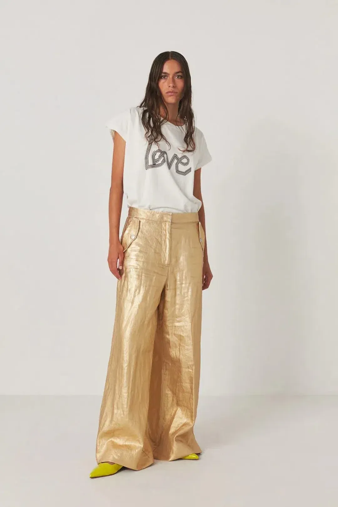 Rabens Saloner Jacqline Midas Jacket and Inja Midas Wide Leg Pant Set in Gold Size 10 for rent on The Volte - main image