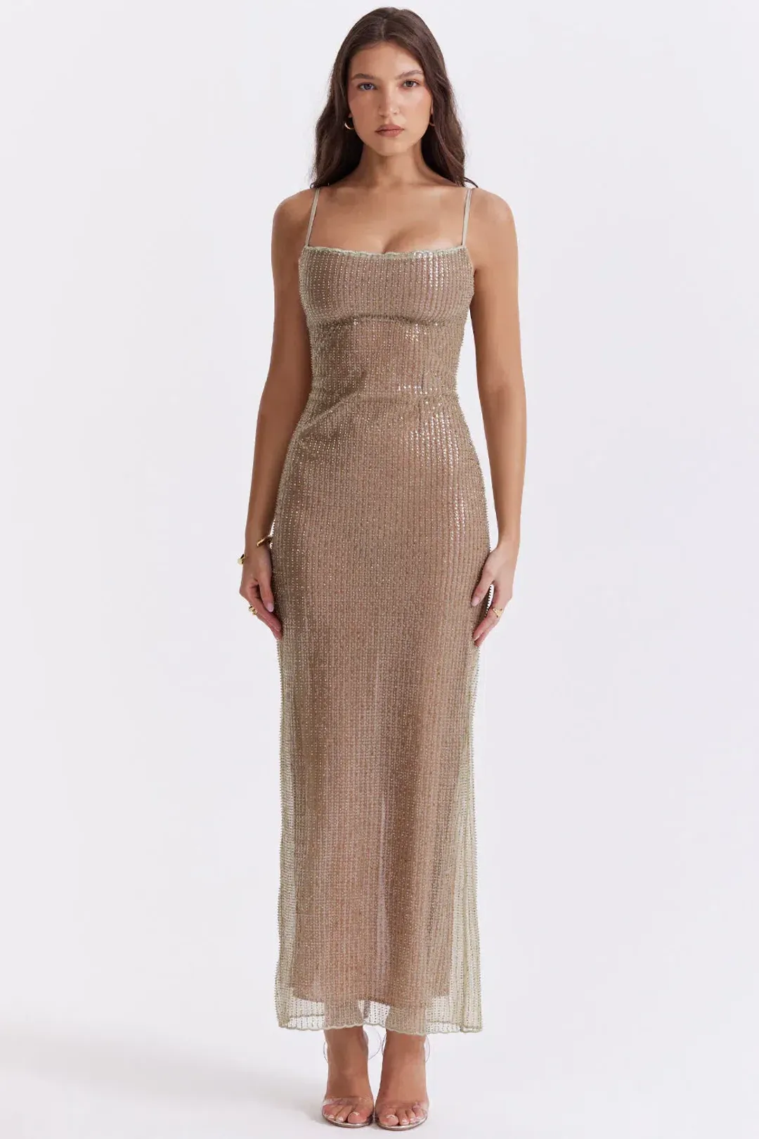 House of CB Alondra Beaded Maxi Dress Cafe Au Lait Size XS / AU 6 for rent on The Volte - main image