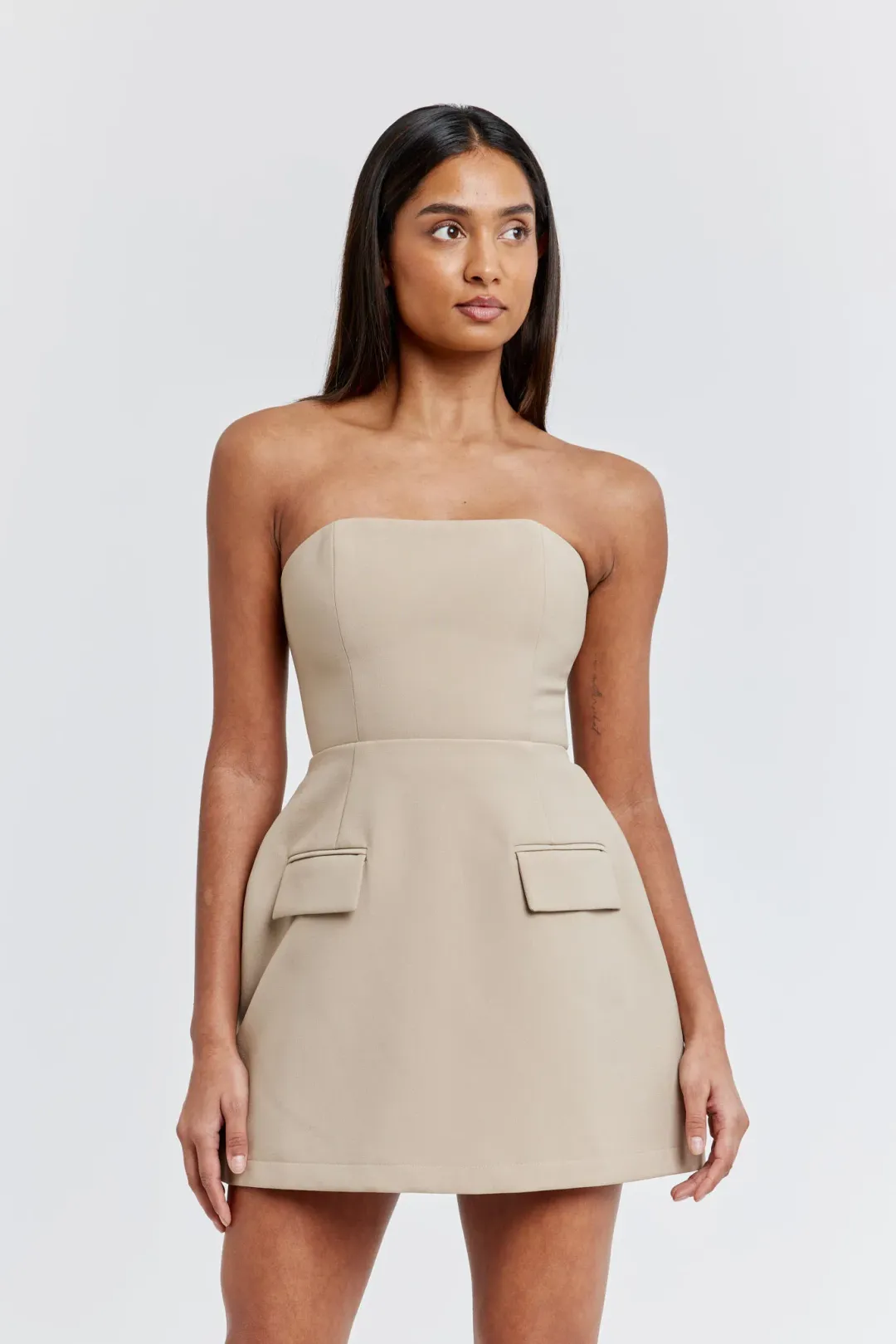 Odd Muse Ultimate Strapless Mini Dress Taupe Size 8 for rent on The Volte - main image