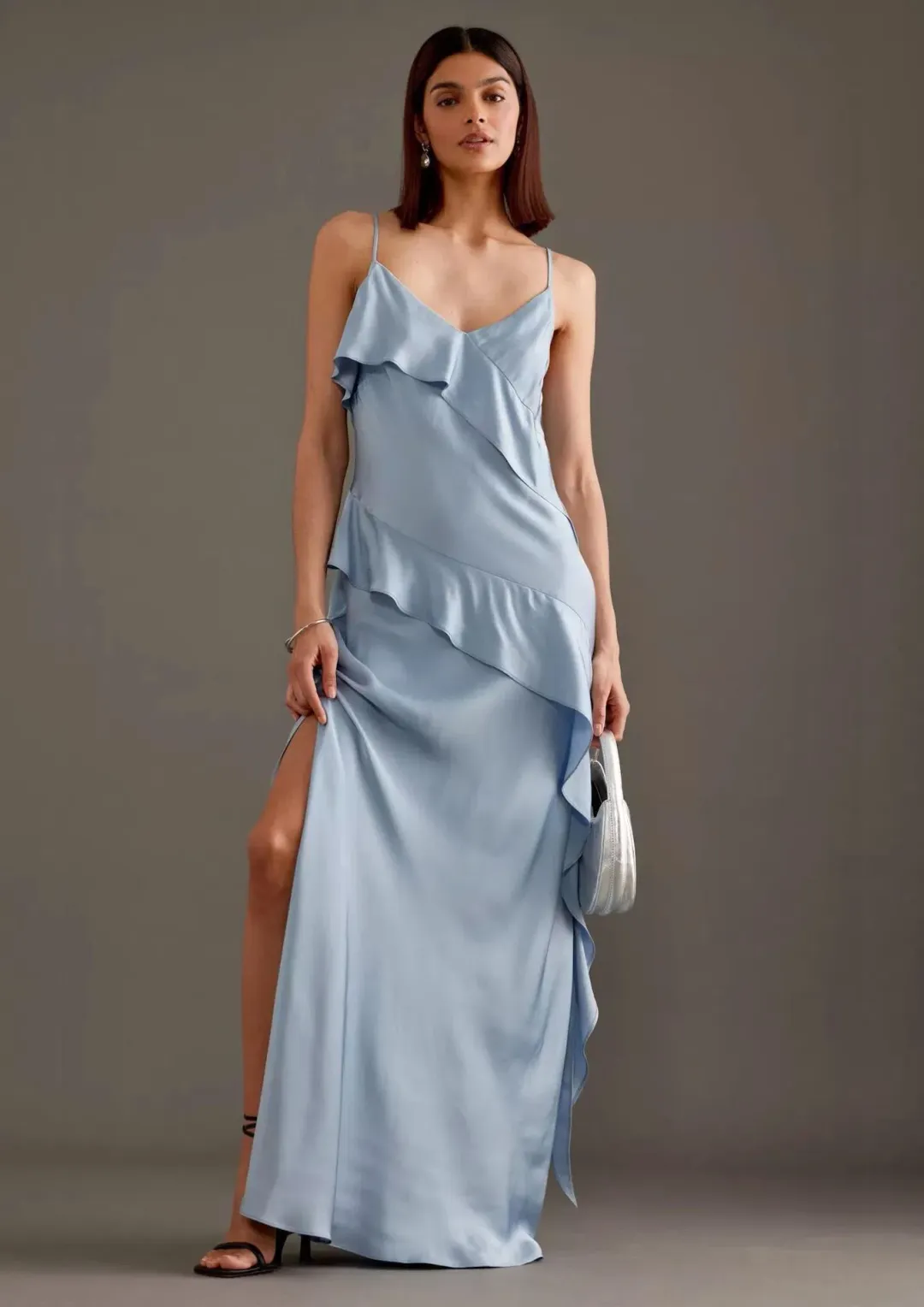 Anthropologie Asymmetric Ruffle Maxi Slip Dress Blue Size 10 for rent on The Volte - main image