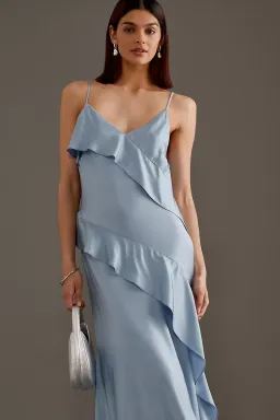 Anthropologie Asymmetric Ruffle Maxi Slip Dress Blue Size 10 for rent on The Volte - image 4
