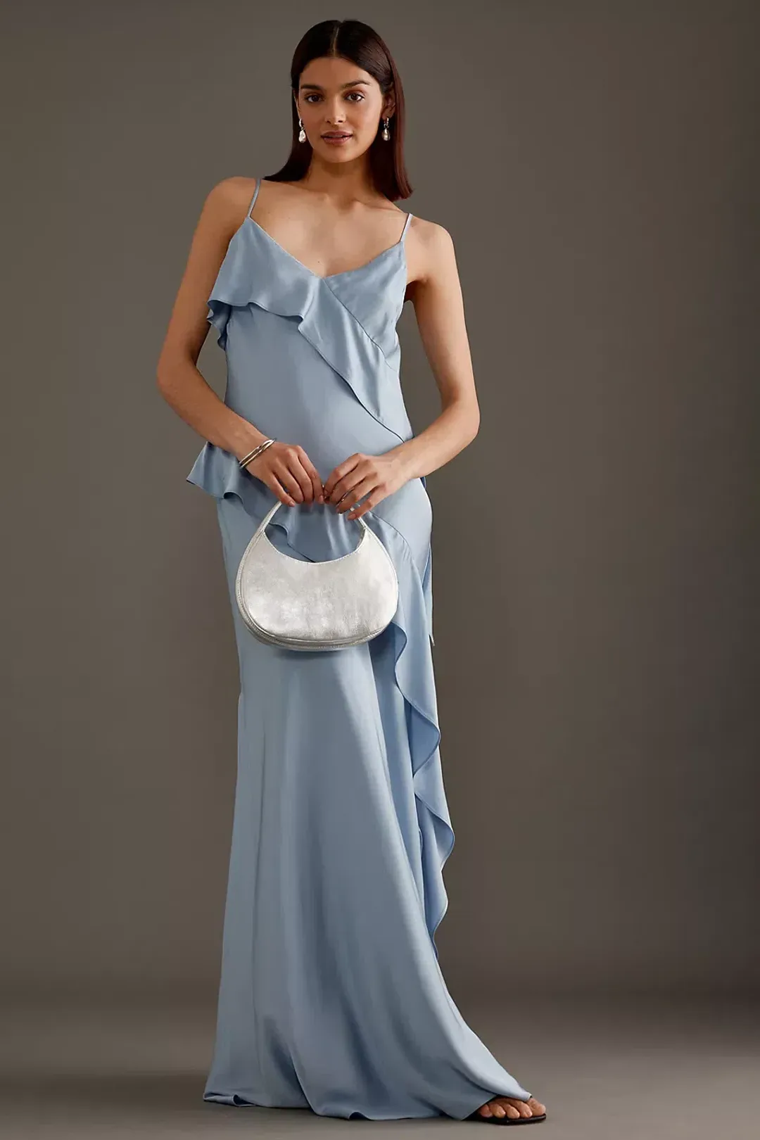 Anthropologie Asymmetric Ruffle Maxi Slip Dress Blue Size 10 for rent on The Volte - main image
