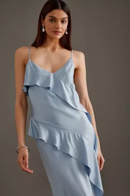 Anthropologie Asymmetric Ruffle Maxi Slip Dress Blue Size 10 for rent on The Volte - image 2