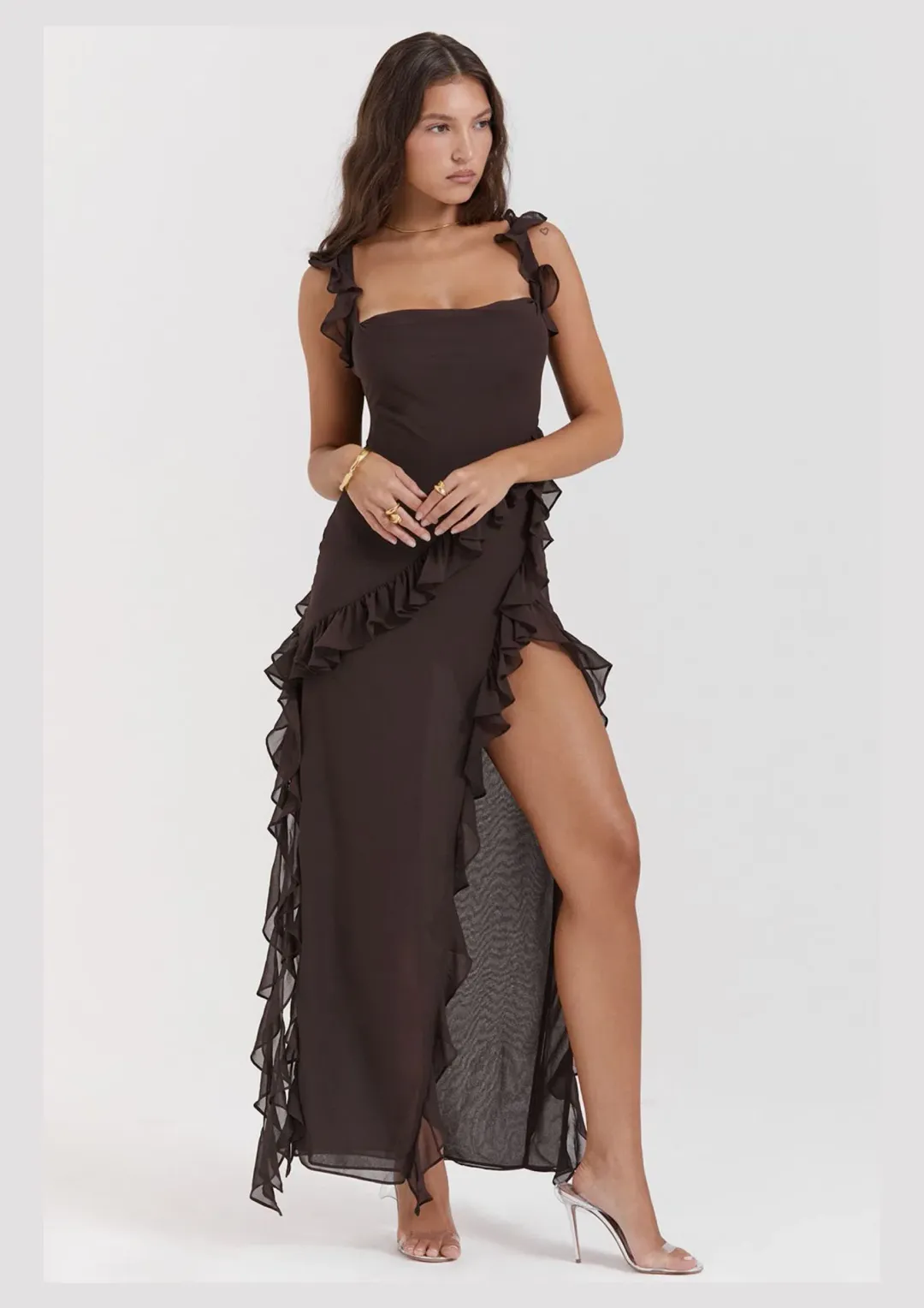 House Of CB Ariela Ruffle Maxi Dress Expresso Brown Size S / AU 8 for rent on The Volte - main image
