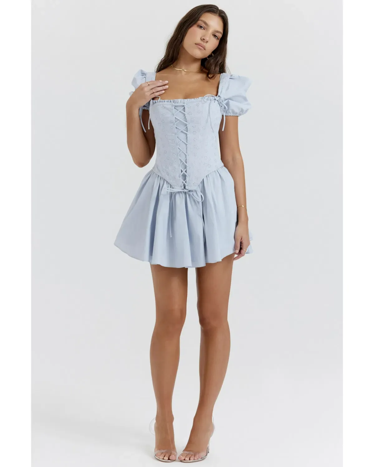 House of CB Maribel Broderie Corset Mini Dress Soft Blue Size S / AU 8 for rent on The Volte - main image