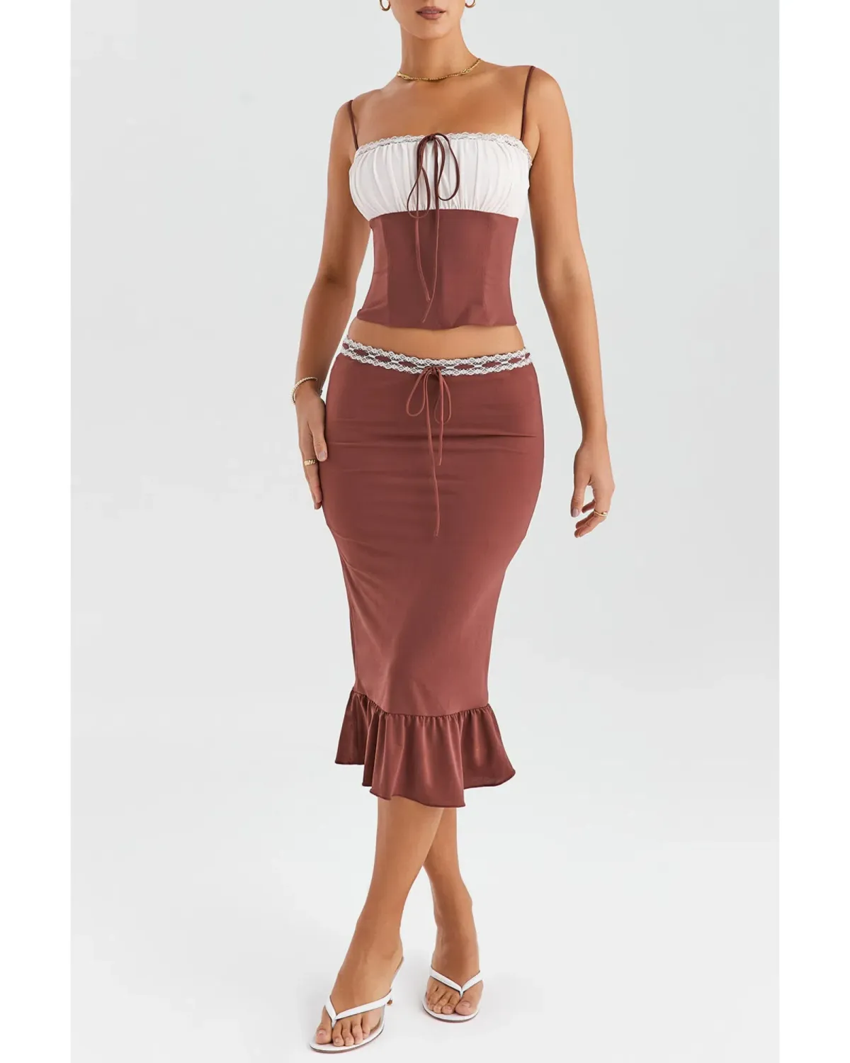 Mistress Rocks Gathered Corset Ruffle Midi Skirt Set Coffee and Cream Size S / AU 8 for rent on The Volte - main image