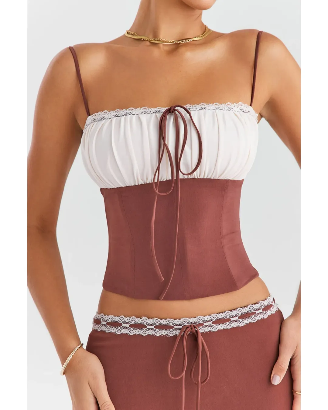 Mistress Rocks Gathered Corset Ruffle Midi Skirt Set Coffee and Cream Size S / AU 8 for rent on The Volte - main image