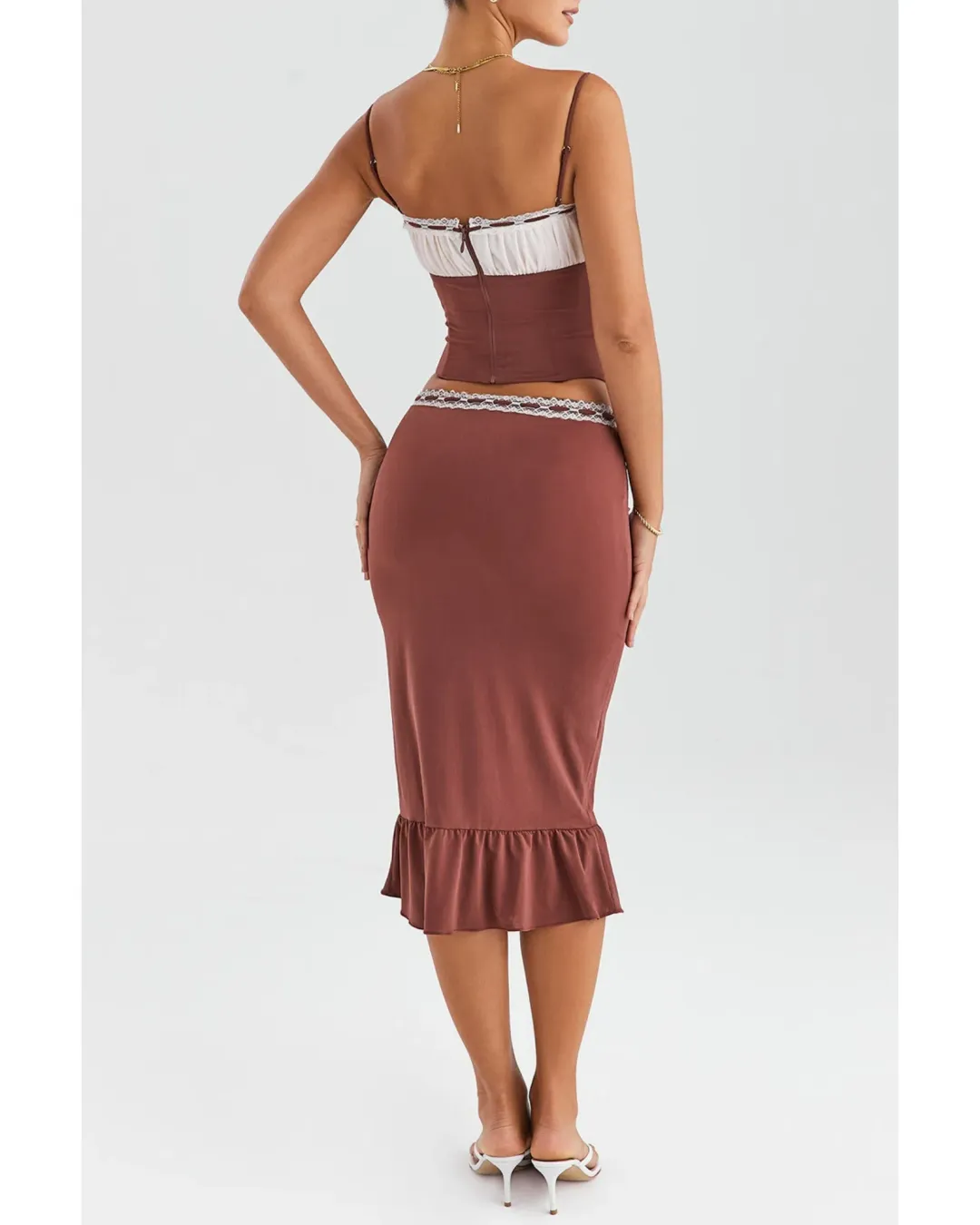 Mistress Rocks Gathered Corset Ruffle Midi Skirt Set Coffee and Cream Size S / AU 8 for rent on The Volte - main image