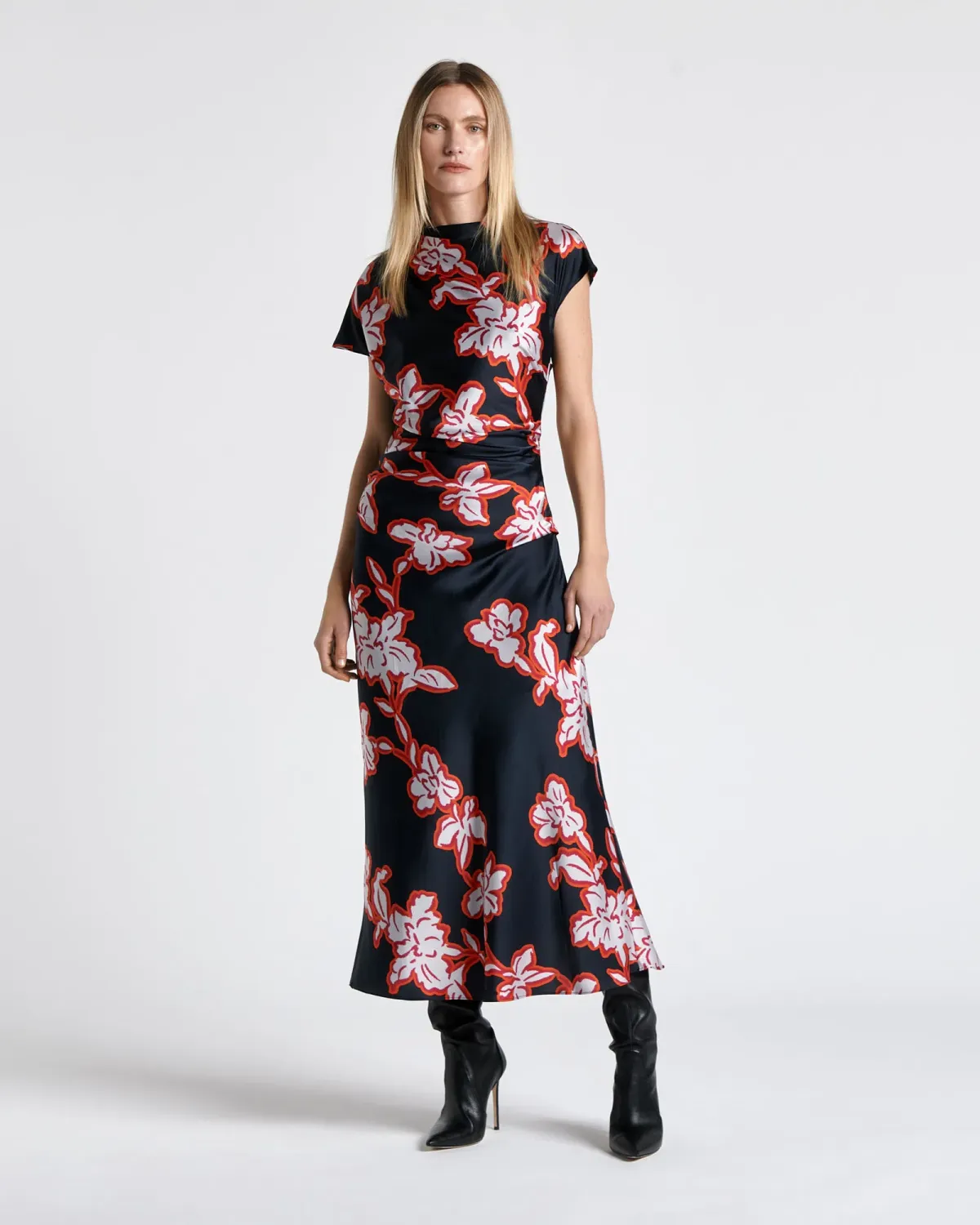 Cue Illustrated Satin Midi Dress Floral Size AU 16 for rent on The Volte - main image