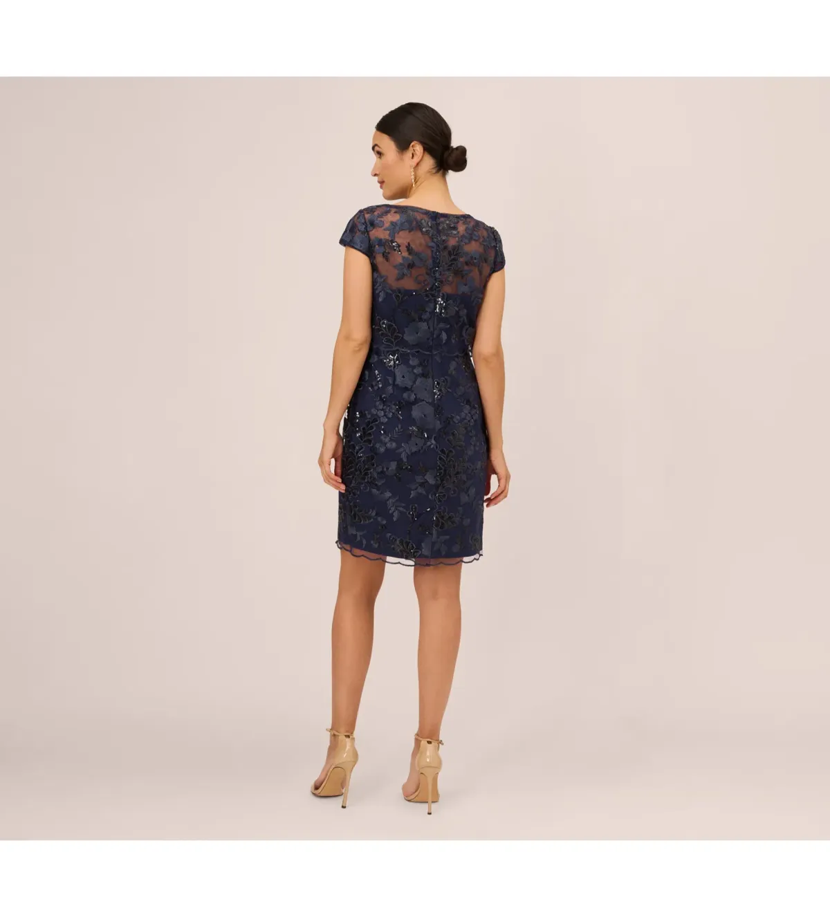 Adrianna Papell Sequin Floral Short Sleeve Mini Dress with Popover in Navy Size AU 6 - Image 3