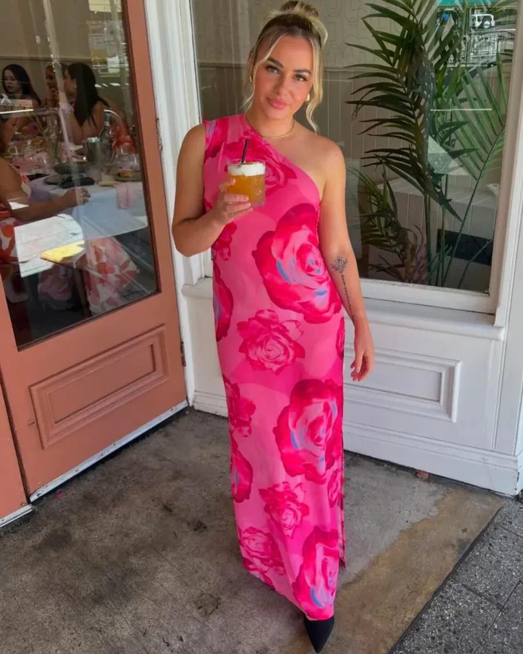With Harper Lu One Shoulder Sheer Maxi in Pink Rose Size 8 for rent on The Volte - main image
