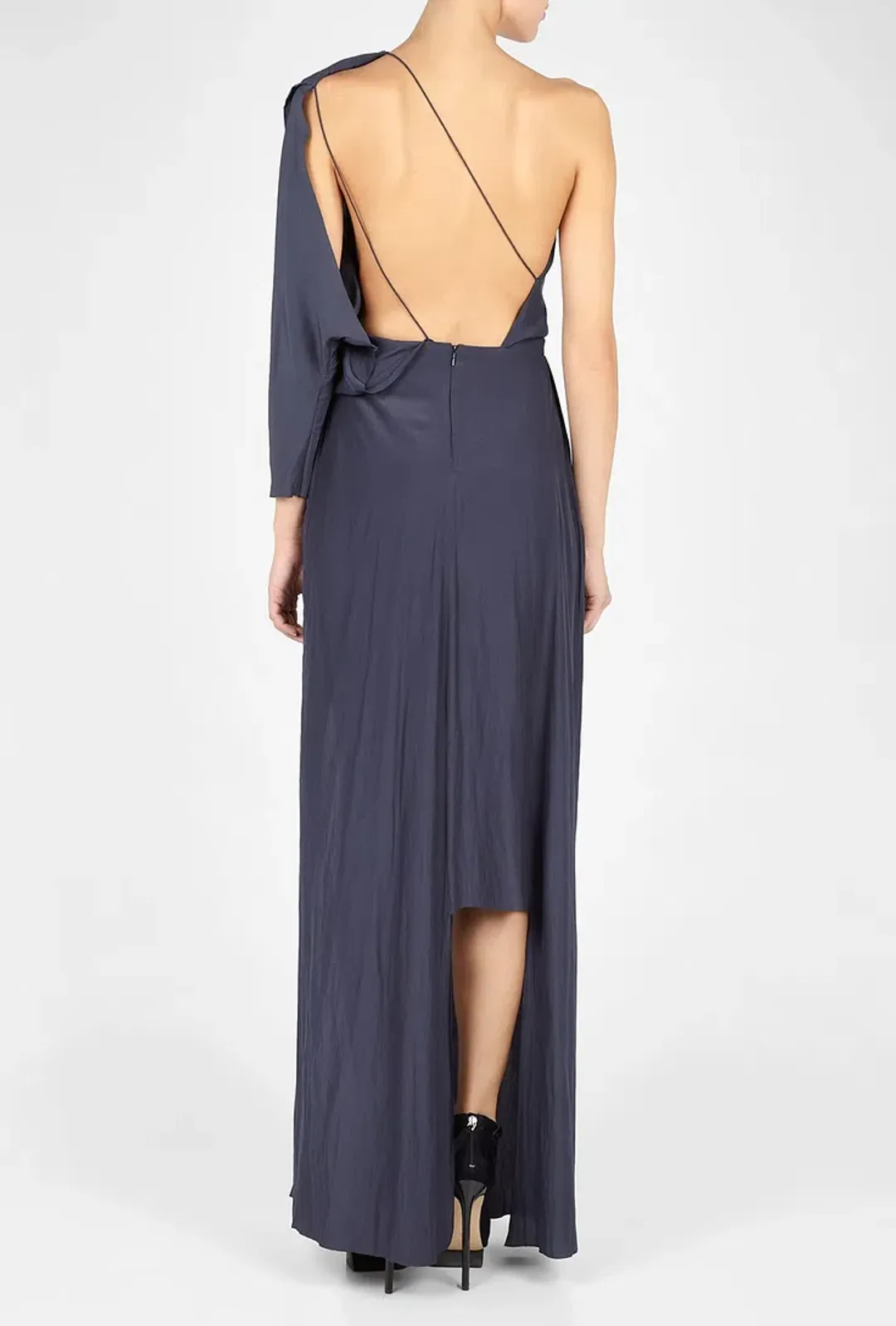Acne Studios Emile One Shoulder Draped Maxi Silk Dress Dark Blue Size 4 for rent on The Volte - main image