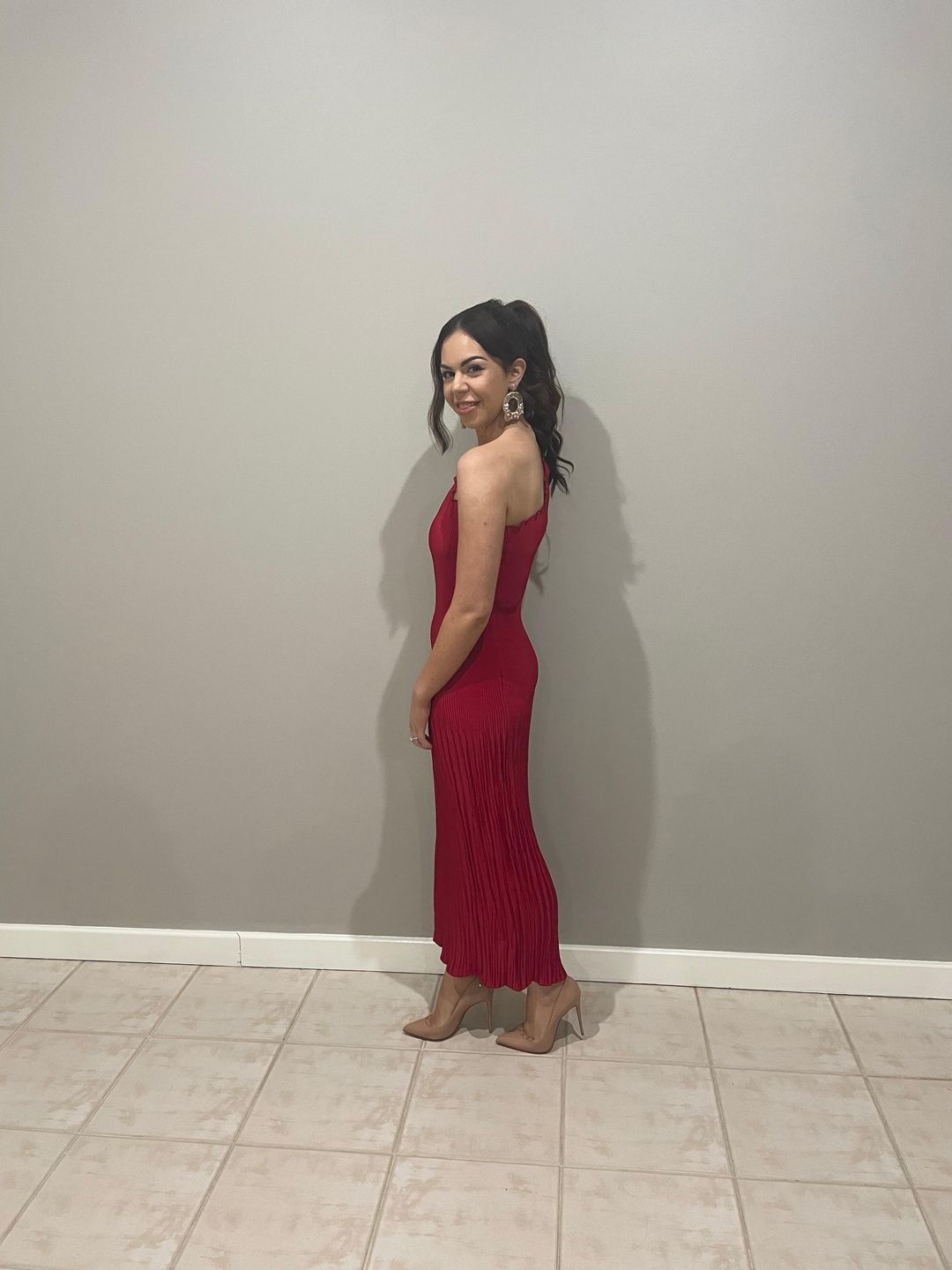 L’IDEE soirée pleaded one shoulder dress RED for rent on The Volte - main image