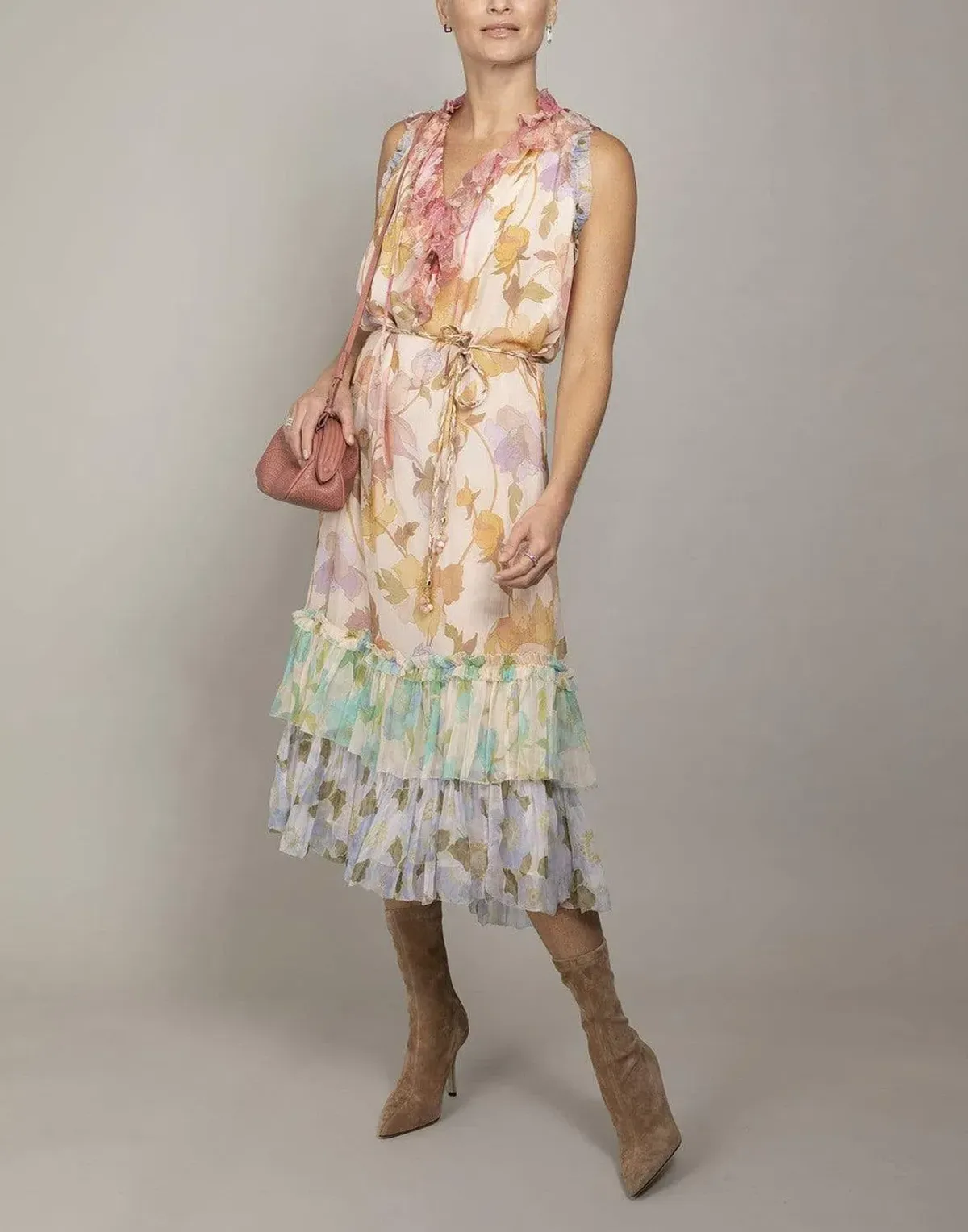 Zimmermann Tempo Frilled Midi Dress Spliced Multi Size 0/Au 8 - Image 1