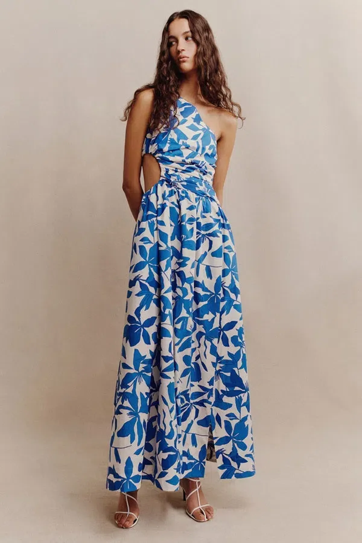 Shona Joy Bleue Asymmetrical Cut Out Maxi Dress in Blue/White Size 10 - Image 4