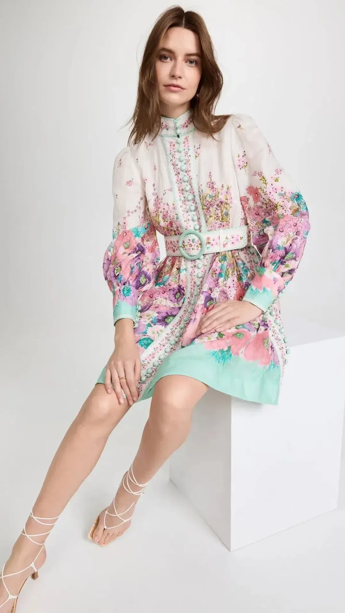Zimmermann Jude Buttoned Mini Dress in Aqua Gradient Floral Size 0 / AU 8 - Image 2