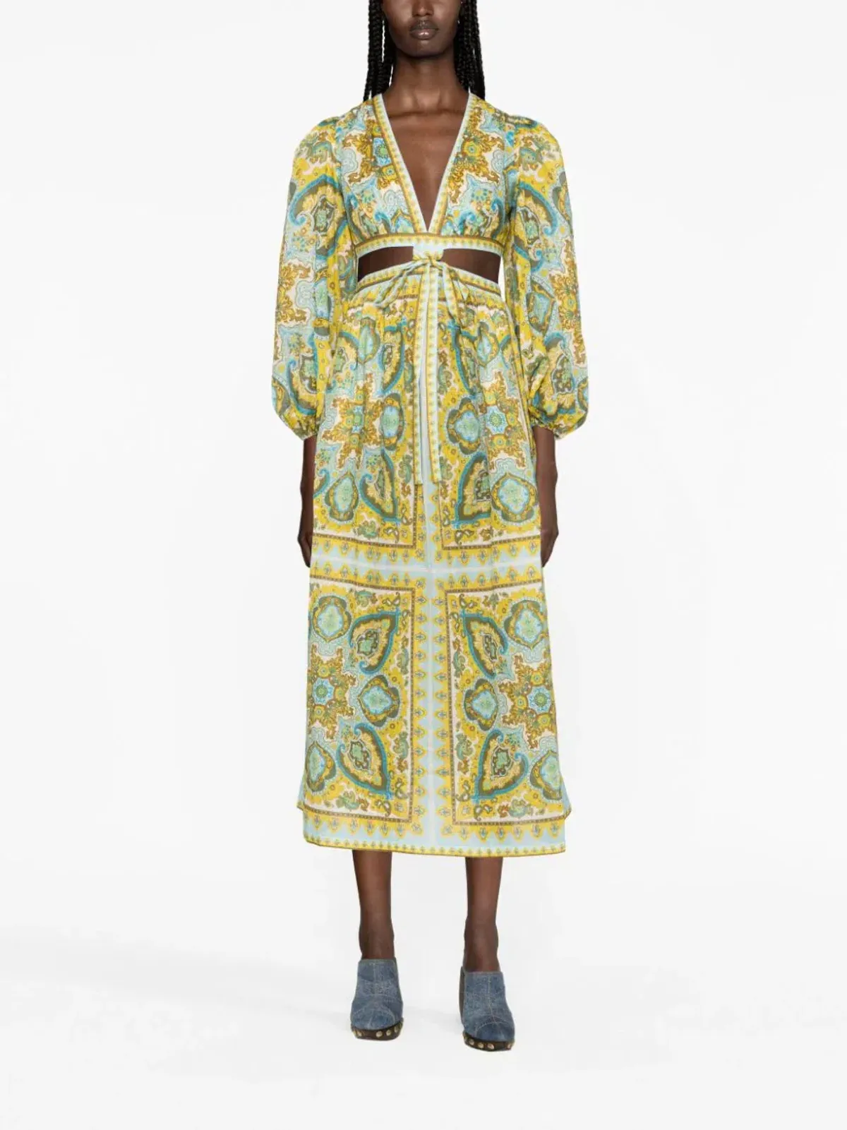 Zimmermann Halcyon Tie Front Midi Dress Blue/Yellow Paisley Size 1 / AU 10 for rent on The Volte - main image