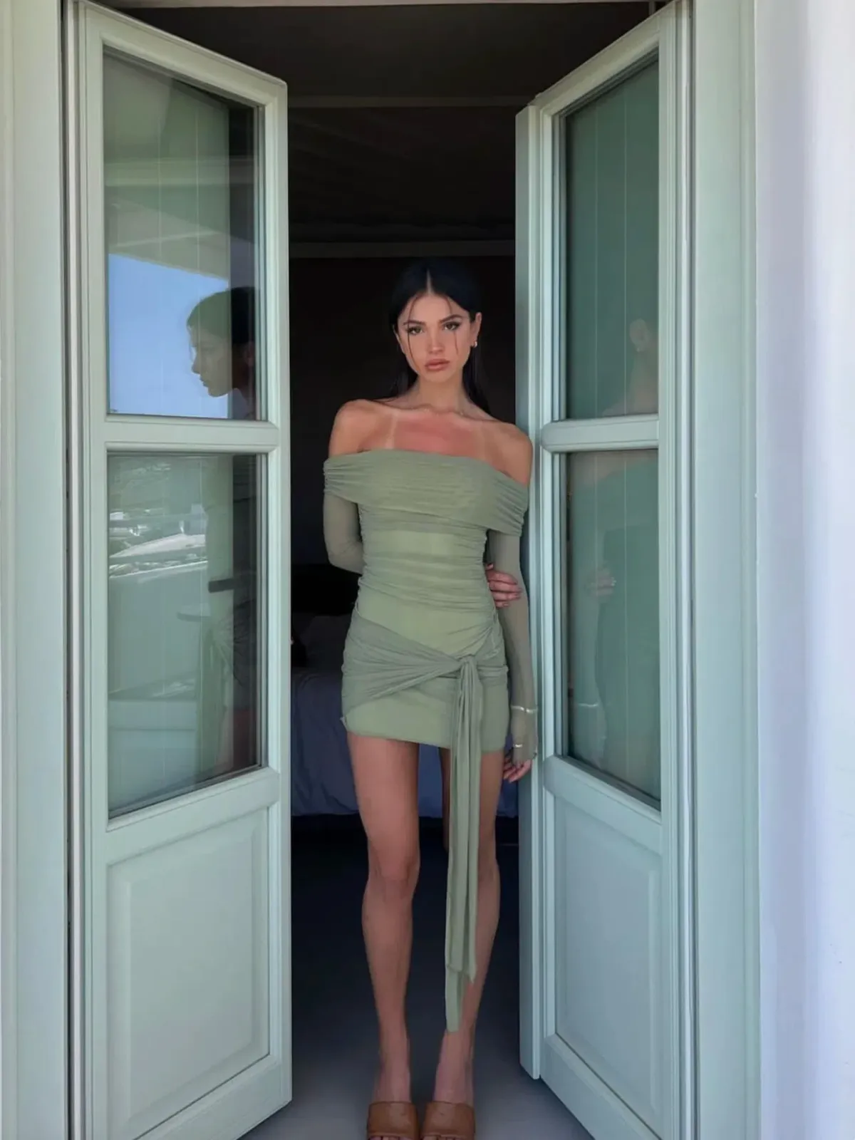Benni Yasmin Off Shoulder Mini Dress Green Size 10 for rent on The Volte - main image