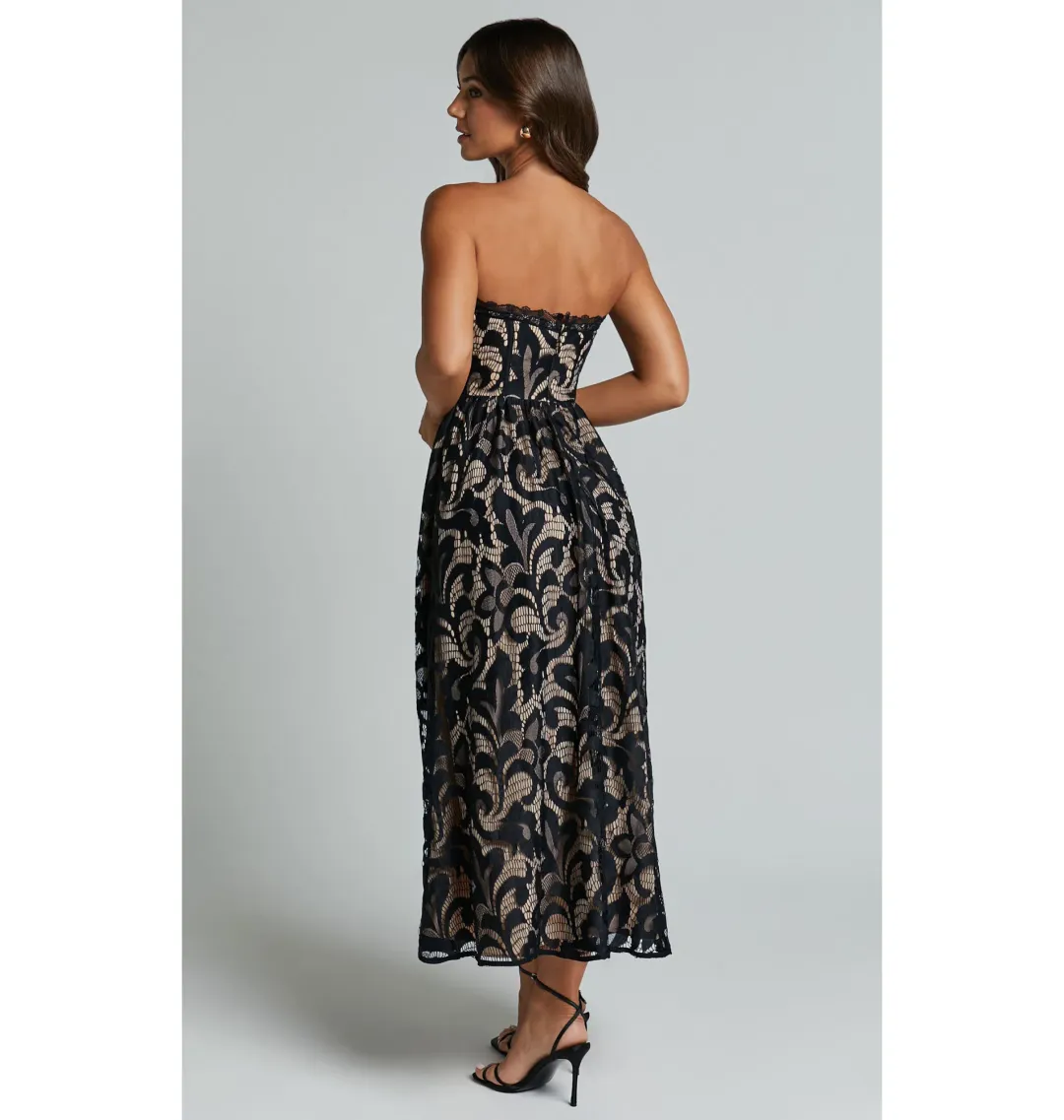 Sheike Madeleine Strapless Lace Scallop Hem Midi Dress in Black Size AU 8 for rent on The Volte - main image